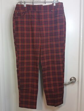 New! Cato Burgundy & Red Plaid Slim Fit Stretch Knit Pull On Pants 16